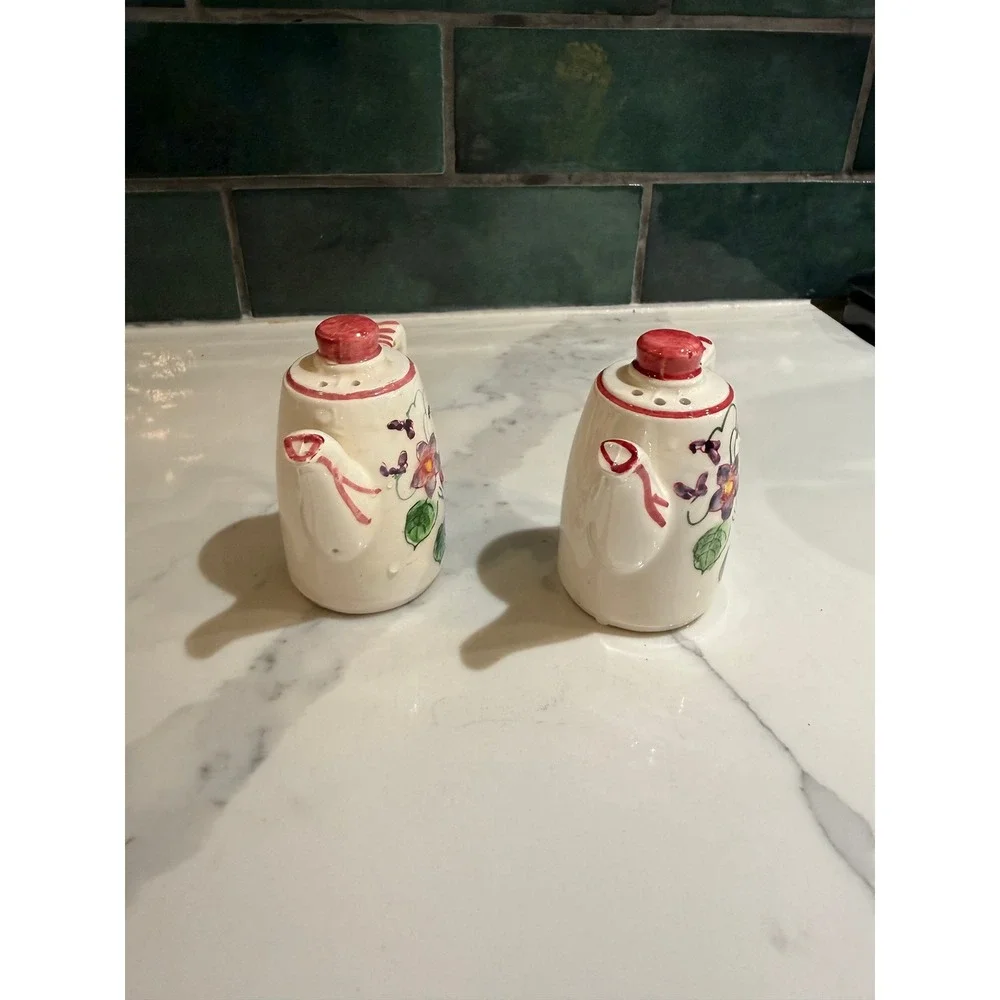Vintage Japan Ceramic Teapot Salt and Pepper Shakers Purple Violets Floral Set